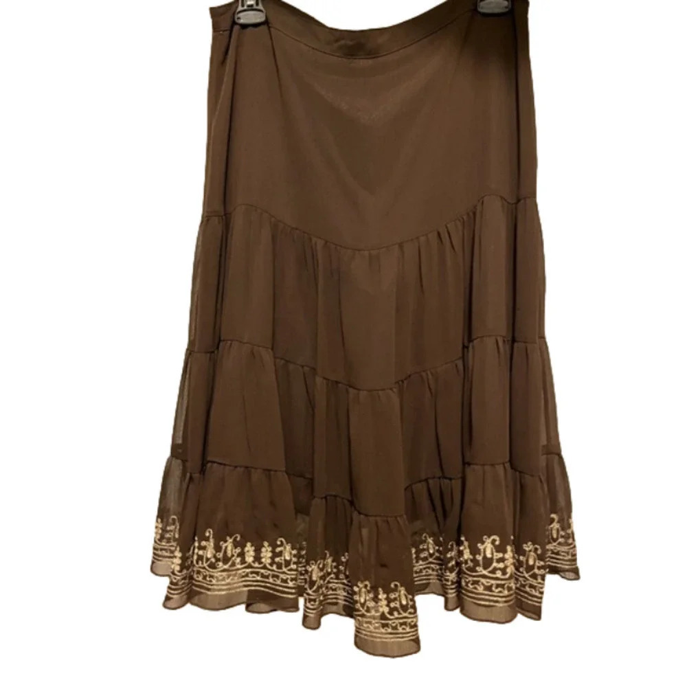 RW&CO women Skirt 6 brown Gold  Embroidery ruffles midi vintage lined cl…